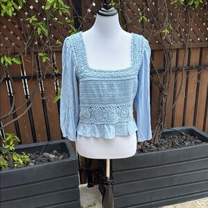American Eagle Outfitters Blue Smocked Ruffled Blouse